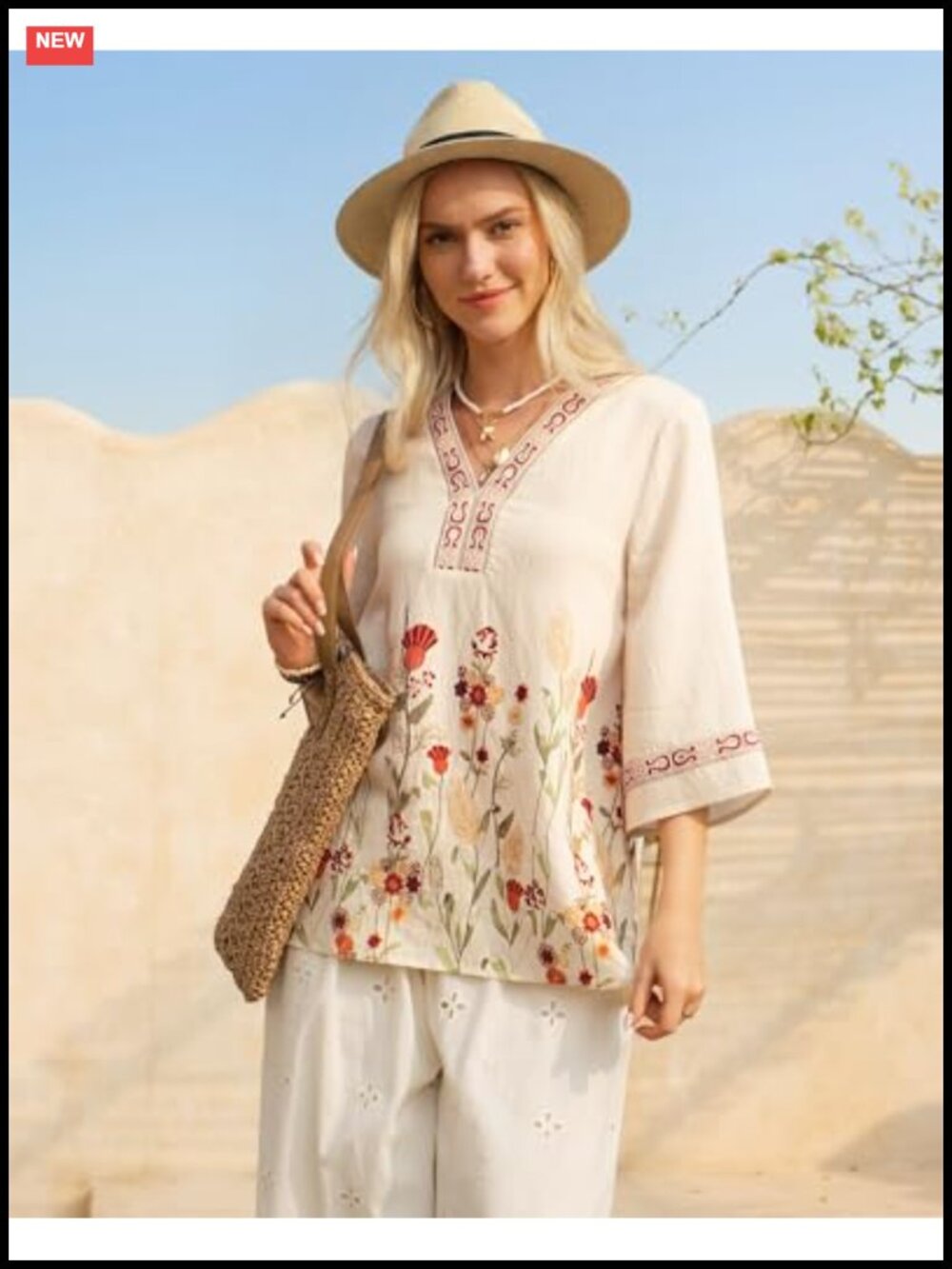 Boho 3/4 Bell Sleeve Embroidered V-Neck Tunic Blouse Gold Trim Dressy Casual - Picture 2 of 6